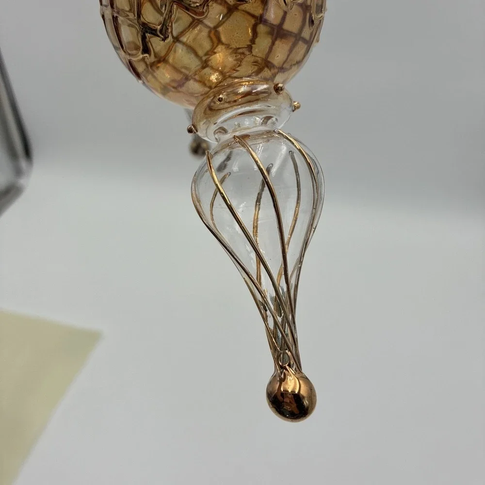 Vintage Hand Blown Glass Finial Christmas Ornaments Red Gold Lattice Set of 2